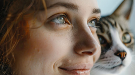 A Felidae and a woman gaze out the window, their noses almost touching. The cats iris dilates as it spots a fawn outside. The womans jaw drops in awe at the felines carnivorous gesture AIG50の素材