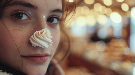 A woman indulges in a soft serve ice cream cone at a bakery, satisfying her food craving. With a smile on her face, she delicately licks the frozen dessert, eyelashes fluttering in delight AIG50の素材