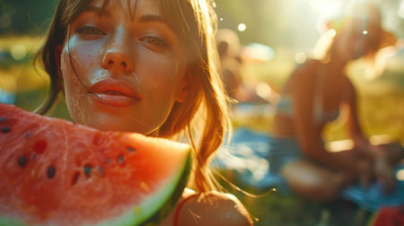 A woman is happily holding a slice of Citrullus, also known as watermelon, with a big smile on her face. The natural fruit is a tasty and refreshing food, perfect for a hot day AIG50の素材