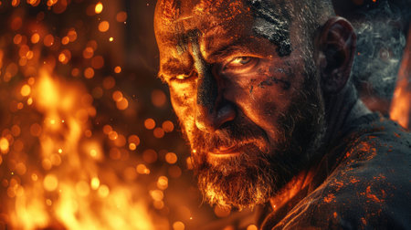 The picture of the blacksmith is working inside the workshop of metalworking that need to use experience, strength and understanding in forging iron, metal, and steel to make good metalwork. AIG43.の素材