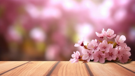 Cherry blossoms on wooden table with soft-focus floral background. Cherry blossoms blooming with pink petal at spring season with blurring background. Springtime and nature beauty concept. AIG35.の素材
