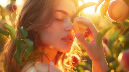 A happy woman with a smile on her face is enjoying a ripe peach in a field surrounded by tall grass and trees. Her eyelashes flutter with joy as she savors the natural fruit, having fun in natureの素材