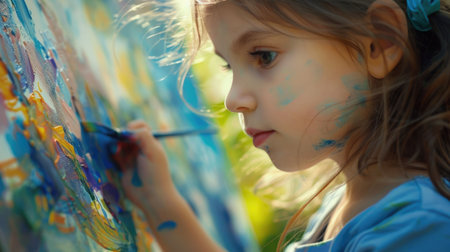 A child is joyfully creating art on a canvas with a brush, focusing on every detail like nose, cheek, eyelash, and iris, resulting in a happy smile AIG50の素材