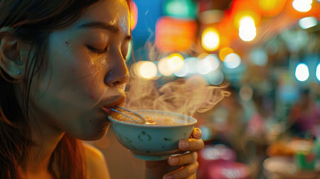 A woman is enjoying a bowl of staple food with a spoon, indulging in her food craving. She is savoring the dish made from a delicious recipe and sharing it with delight AIG50の素材