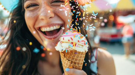 The woman is happily enjoying her ice cream cone with sprinkles on her face at a public event. She smiles with joy, as she indulges in the sweet treat during this fun leisure activity AIG50の素材