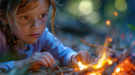 A young girl sits by the fire, her nose glowing in the electric blue light. The flickering flames cast shadows on her eyelashes, creating an artful scene of warmth and comfort AIG50の素材