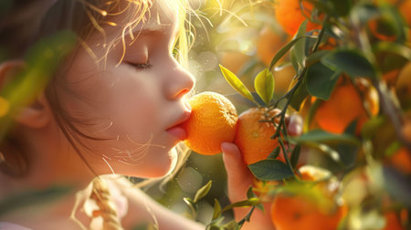 A young girl intimately engaging with the scent of a fresh citrus fruit in a sunlit grove. A young girl inhales the fresh scent of an orange amidst the warm glow of a citrus grove at sunset. AIG50の素材