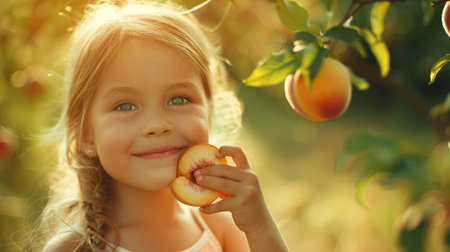 A little girl with a peach in hand, surrounded by nature. Her nose twitches as she bites into the juicy fruit, her hair blowing in the breeze. Happy and content, she enjoys the natural food cravingの素材