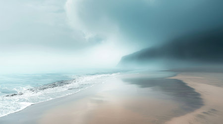 A misty beach at dawn with trees silhouetted against the sky. The horizon blends into the fluid water, creating a serene natural landscape AIG50の素材
