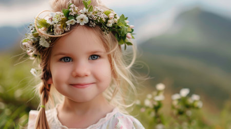 A happy toddler with blond hair and a flower headpiece smiles with an iris in her hand. She stands on the grass, ready for a flash photography session AIG50の素材