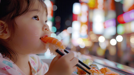 A toddler is happily sharing sushi with chopsticks, embracing the fun of experiencing new cuisine. The sweetness of the food craving brings joy to the event AIG50の素材