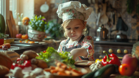 A toddler in a chefs hat is chopping vegetables on a cutting board, preparing natural foods for a recipe. She enjoys cooking and sharing her cuisine AIG50の素材
