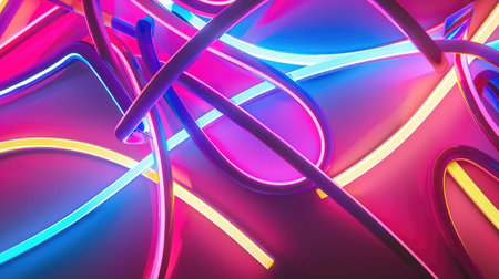 A close up of a vivid array of neon lights glowing in shades of purple, pink, magenta, and violet against a dark background, resembling an organism or plant with striking visual effect lighting AIG50の素材