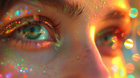 A mesmerizing portrait of a young woman with colorful bokeh lights reflecting on her face, creating a dreamy atmosphere.A womans eye reflecting a kaleidoscope of bokeh lights. AIG50の素材