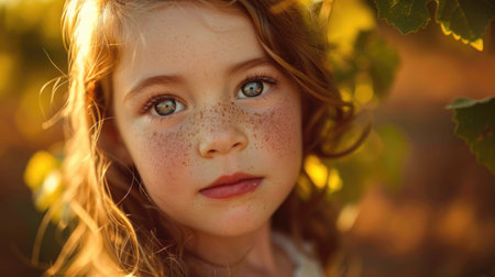 A happy girl with red Surfer hair and freckles is smiling at the camera, showcasing her freckled nose and jawline while her eyelashes stand out against her layered hair AIG50の素材