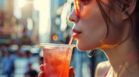 A woman with a joyful smile is enjoying a drink by the water, overlooking the city skyline with tall skyscrapers and fluffy clouds in the sky. It seems like she is on a happy travel adventure AIG50の素材