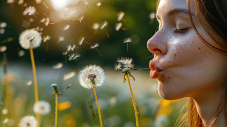 A woman is joyfully blowing dandelions in a field, creating a fun gesture in closeup macro photography. The delicate plants form a circle, resembling a beautiful piece of art AIG50の素材