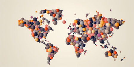 Stylized world map composed of multicolored circles on a white background with a modern artistic touch. Creative pattern of world map with colorful point with circle shape. Geography concept. AIG35.の素材