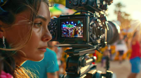 A woman is capturing the moment with her camera at a lively event, sharing the joy of leisure and recreation with a crowd of people AIG50の素材