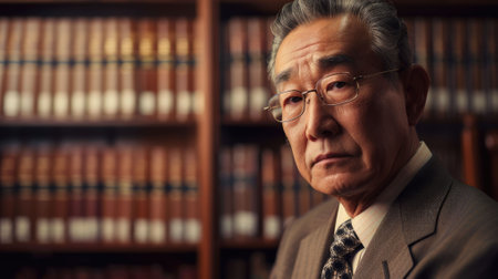 The picture of the east asian male lawyer is staying inside the library of document about law, the lawyer require skill like legal knowledge, communication, critical thinking, ethical judgment. AIG43.の素材