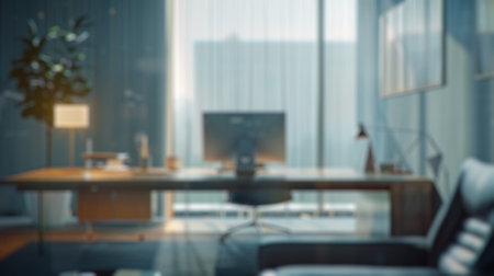 Blur background of contemporary office setting with blurred background. Workplace decorate with plant and surrounded with skyscraper. Workplace and greenery concept. Design for poster, banner. Spate.の写真素材