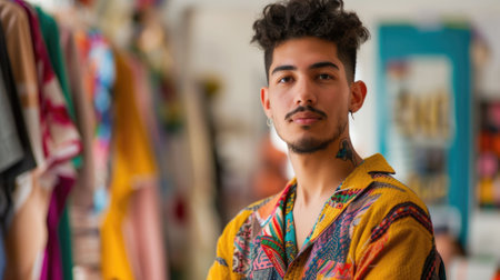 The picture of the hispanic male fashion designer working inside cloth workshop or studio that has been filled with various colorful cloth, the fashion designer require creative and detailed. AIG43.の素材