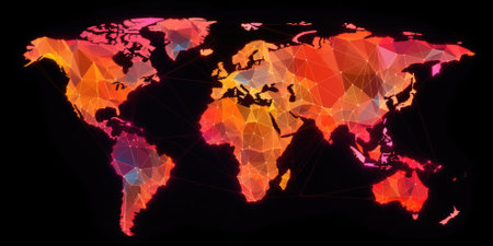 Polygonal world map on a dark background. The various bright world map made from polygon material. Geometric and digital data concept. Design for modern graphics, infographic, web background. AIG35.の素材