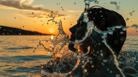 A woman is hydrating with water from the ocean at sunset, surrounded by a stunning landscape with trees and plants against a fiery sky AIG50の素材