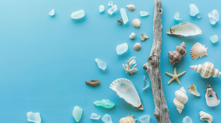 Waterinspired art with sea shells and glass beads on an electric blue background, creating a stunning pattern reminiscent of aqua circles. A fashion accessory perfect for any beach event AIG50の素材