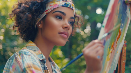 A woman with flowing hair and a happy facial expression is painting on an easel in a field, her mouth curved into a smile, eyelashes fluttering. The scene radiates fun and art at an outdoor eventの素材