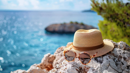A straw hat and sunglasses rest on a rock by the ocean, offering a scenic view of the water, sky, and horizon. A perfect spot for leisure and travel AIG50の素材