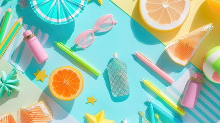 A table adorned with a diverse collection of colorful objects and decorations, featuring green plants, azure water elements, orange art pieces, and a variety of organisminspired decor items AIG50の素材