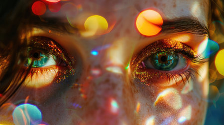 A mesmerizing portrait of a young woman with colorful bokeh lights reflecting on her face, creating a dreamy atmosphere.A womans eye reflecting a kaleidoscope of bokeh lights. AIG50の素材
