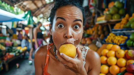 A woman is enjoying a sweet pineapple at a local market, surrounded by colorful flowers and plants. Sharing a natural and refreshing whole food experience AIG50の素材