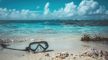 A pair of scuba diving goggles lay on the sandy beach, with azure waters and blue skies creating a picturesque natural landscape. Vision care eyewear for underwater adventures AIG50の素材