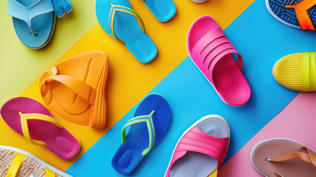 There is a variety of shoes and sandals displayed on a colorful background, including walking shoes, outdoor shoes, and electric blue and orange sandals. The vibrant display is like a work of artの素材