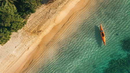 A serene aerial view of a wooden kayak floating in the clear waters near a sandy beach, with lush green trees creating a beautiful natural landscape AIG50の素材