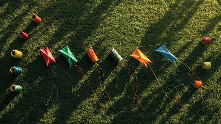 A collection of triangular kites resting on the vibrant grass in a picturesque landscape. A leisure event filled with fun and art in the lush grassland AIG50の素材