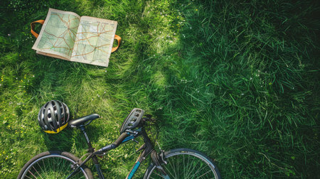A bicycle, helmet, and map are scattered in the grass, surrounded by the peaceful sounds of nature. A wheel and tire peek out from beneath the foliage AIG50の素材