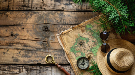A stylish display of a hat, compass, sunglasses, and a map on a wooden table. The wood adds an artistic touch to this collection of travel essentials AIG50の素材