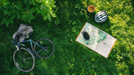 A bicycle, helmet, and map are scattered in the grass, surrounded by the peaceful sounds of nature. A wheel and tire peek out from beneath the foliage AIG50の素材