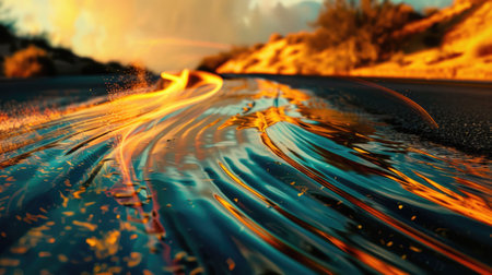 A vibrant painting of a winding road with an electric blue sky and a majestic mountain in the background, showcasing the beauty of natural landscape through art and intricate patterns AIG50の素材