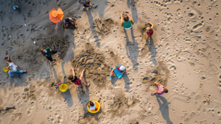 A group of children are leisurely playing in the sand on a beach, creating art and exploring the rock landscape. The beach offers a perfect setting for recreation and adventure AIG50の素材