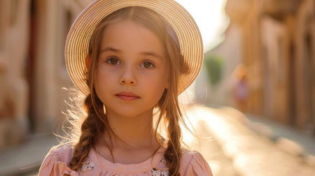 A happy little girl with a straw hat and white dress smiles while exploring nature. Her lips part in a smile, showcasing her bright iris and prominent chin AIG50の素材