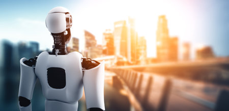 MLB 3d illustration 3D illustration robot humanoid looking forward against cityscape skyline. Concept of leadership, idea and vision for futuristic development of artificial intelligence AI.の写真素材