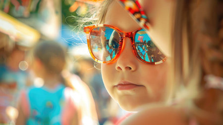 A closeup shot of a person in sunglasses by a pool, showcasing trendy eyewear and vision care. The azure background complements the stylish eye glass accessory AIG50の素材