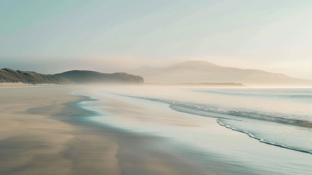 A misty beach at dawn with trees silhouetted against the sky. The horizon blends into the fluid water, creating a serene natural landscape AIG50の素材