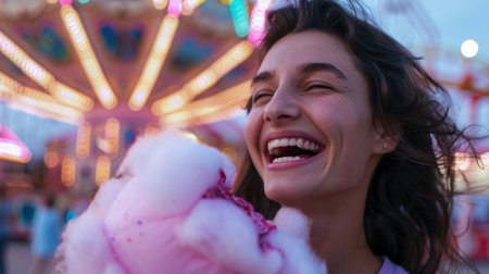 The woman, with a smile on her face and violet cotton candy in hand, is enjoying the carnival event, happy and having fun while her eyelashes flutter with excitement AIG50の素材