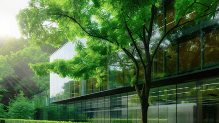The picture of glass or mirror structure that reflect everything on the opposite like tree, the building has been surrounded with a lot of the green trees, the mirror reflect light from sun. AIG43.の写真素材