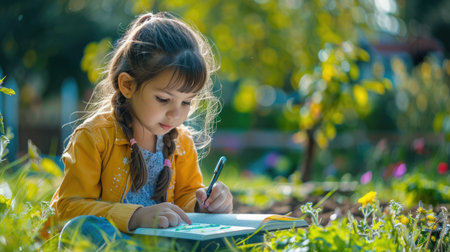 A toddler is happily sitting on the grass, smiling and writing in her notebook. She is sharing her leisure time with a terrestrial plant, showing adaptation to her small groundcover surroundings AIG50の素材
